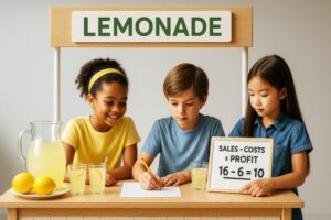 kids at lemondae stand with buisness plan
